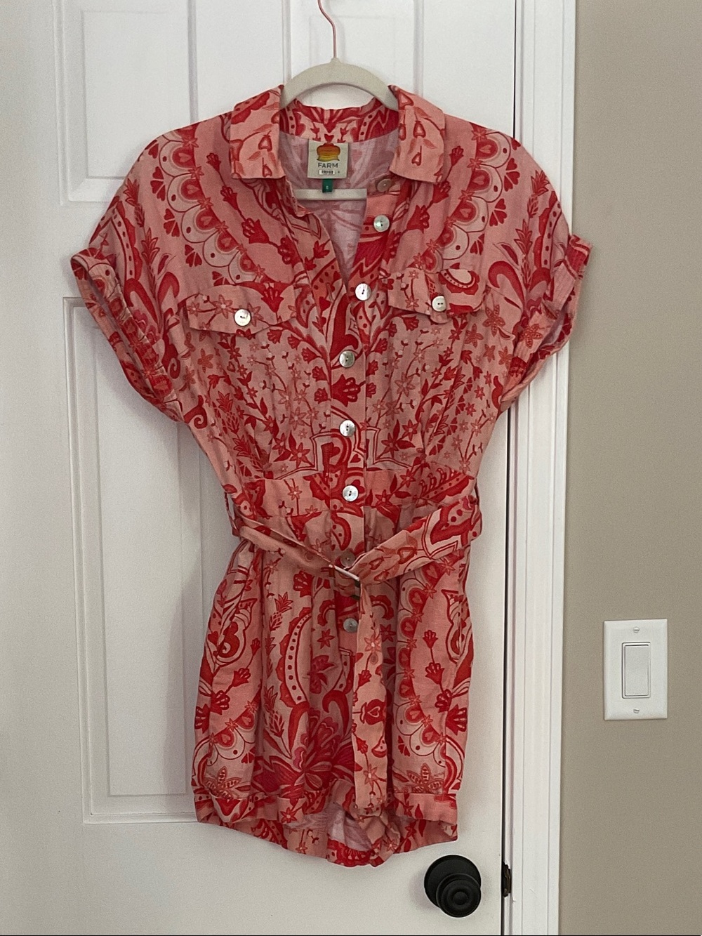 Farm Rio Coral and Red Floral Button-Up Romper
